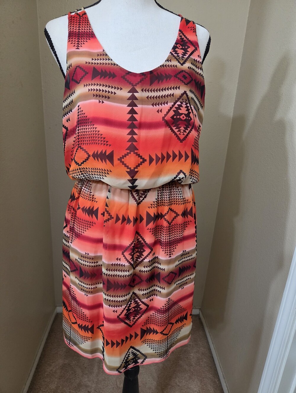 Sweet Storm Coral and Orange Tribal-Print Blouson Dress